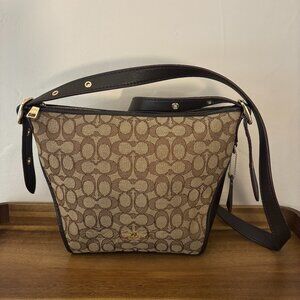 Coach Khaki Brown Signature Jacquard Brown Leather Dufflette Shoulder Crossbody